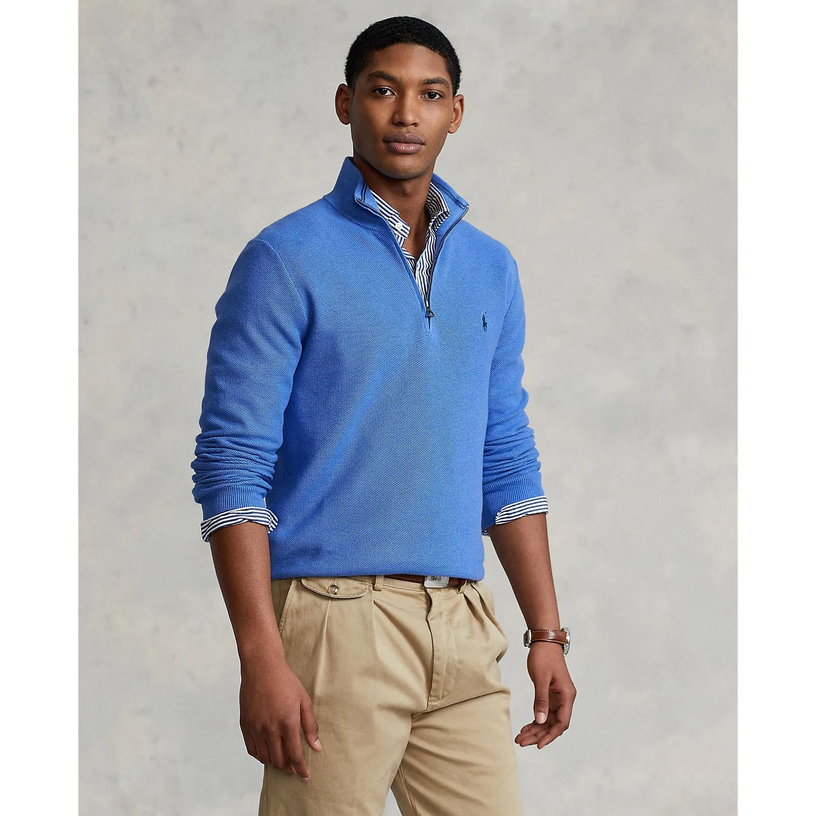 Mesh Knit Cotton Quarter Zip Pullover - Freedom Blue Heather