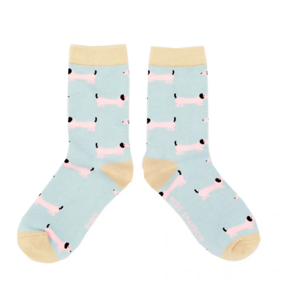 Miss Sparrow Bamboo Powder Blue Sausage Dogs Socks