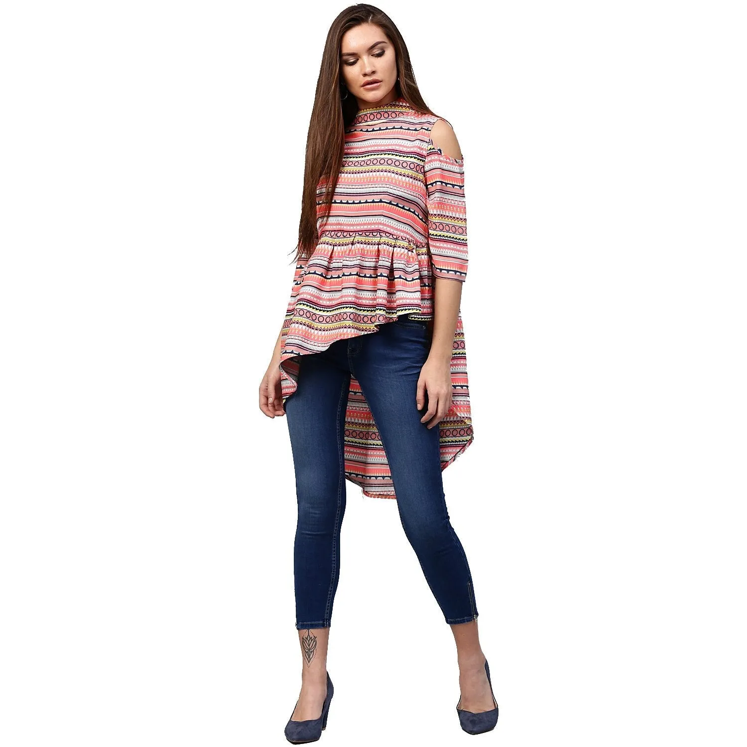 Multi Printed 3/4Th Sleeve Cold Shoulder Assymetric Tunic