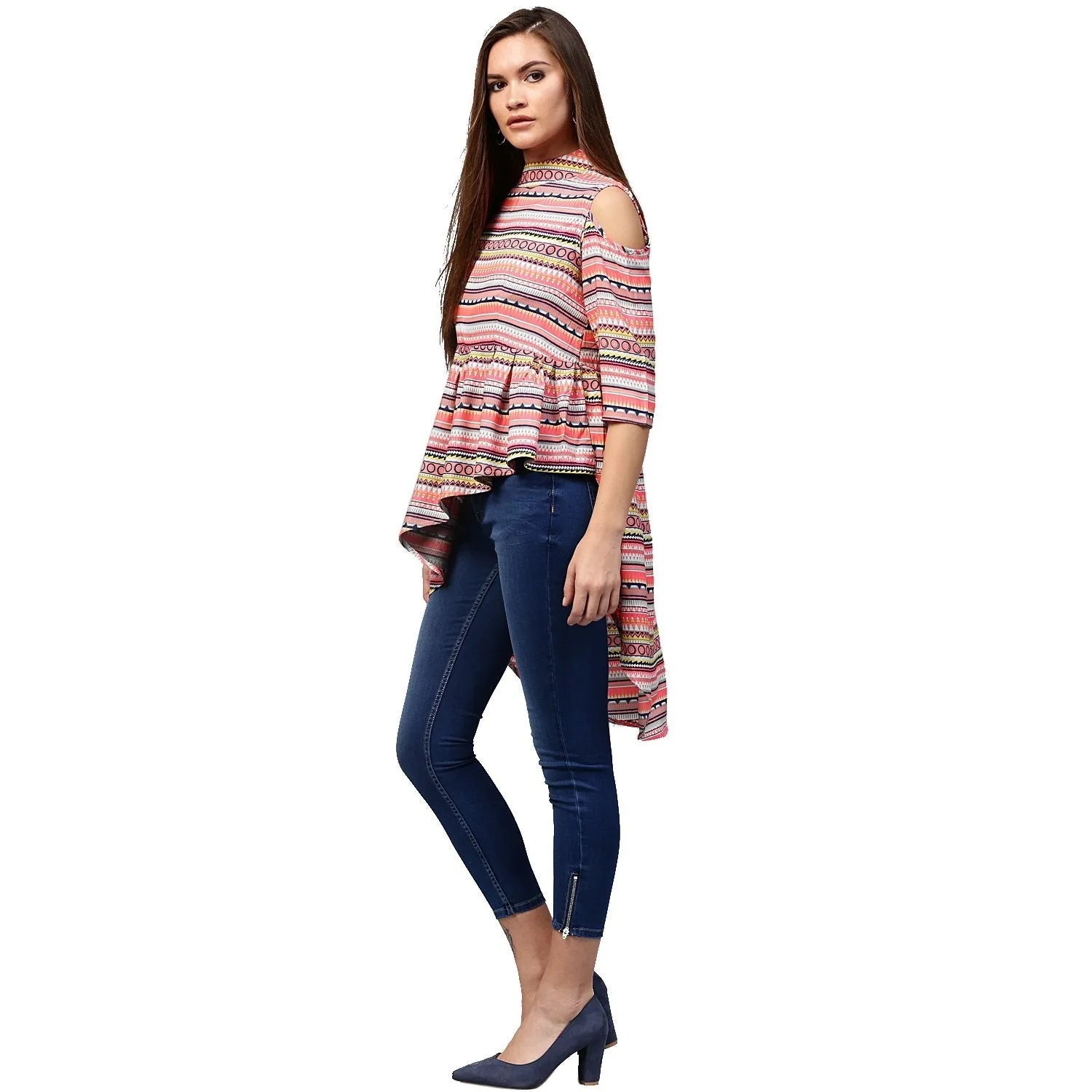 Multi Printed 3/4Th Sleeve Cold Shoulder Assymetric Tunic