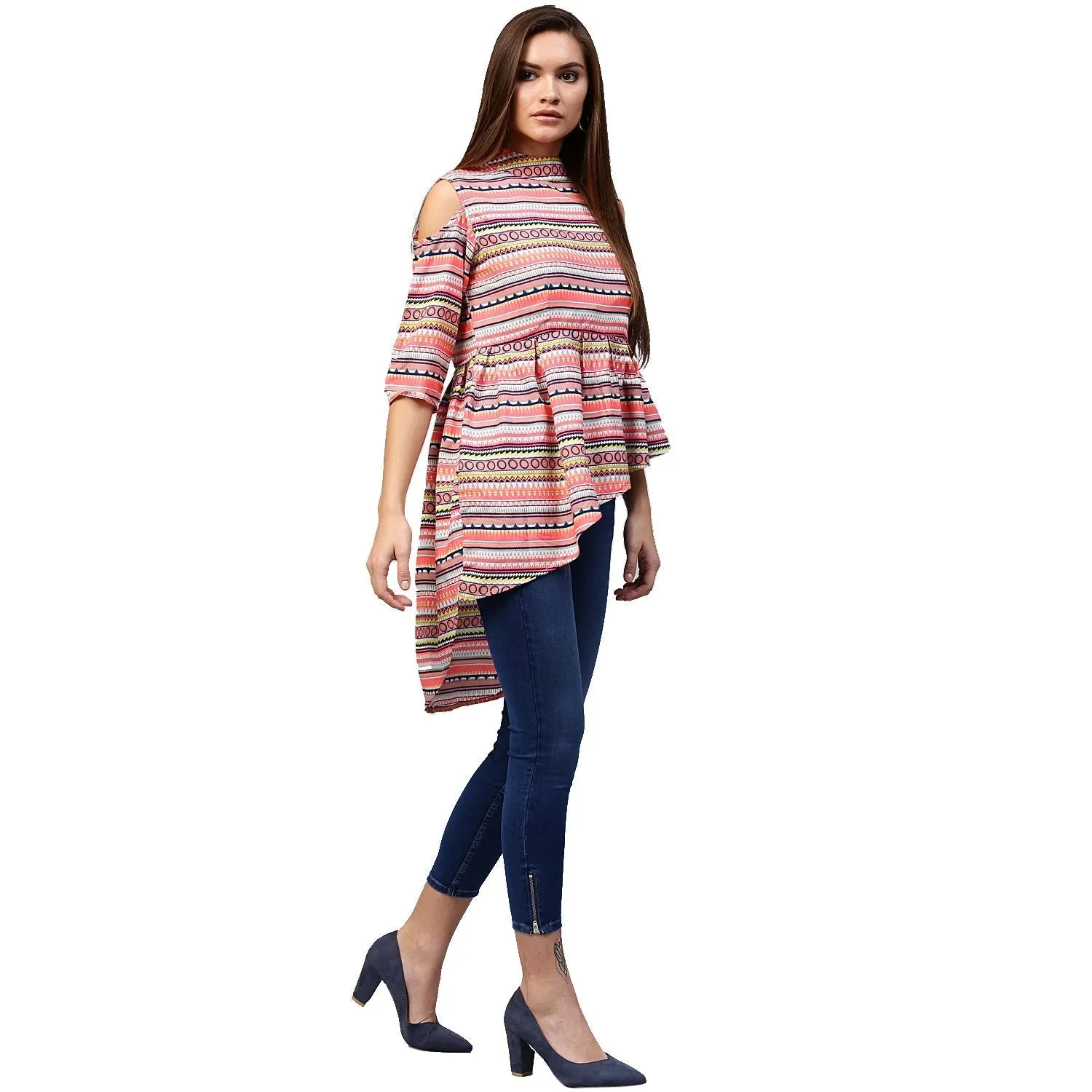 Multi Printed 3/4Th Sleeve Cold Shoulder Assymetric Tunic