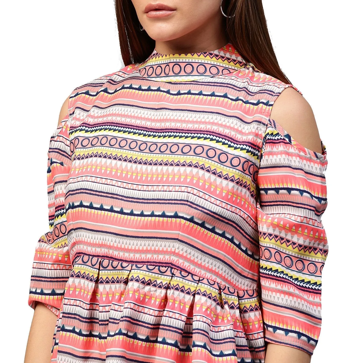 Multi Printed 3/4Th Sleeve Cold Shoulder Assymetric Tunic