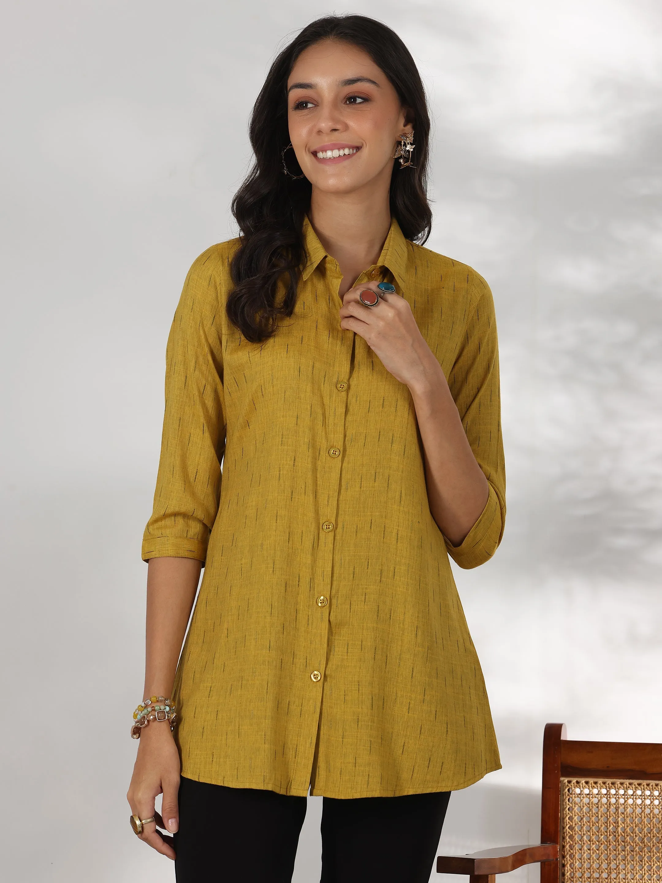 Mustard Self Design Rayon Straight Tunic