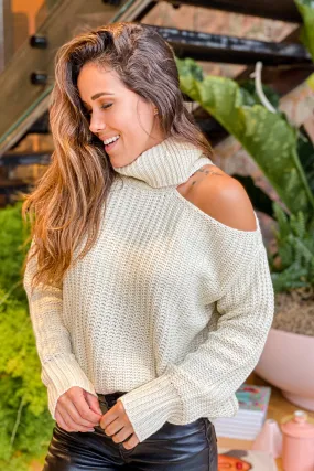 Natural Knit Turtleneck Top With Cold Shoulder