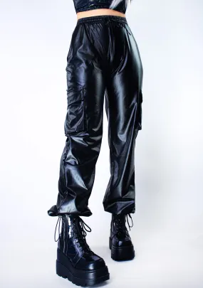 Nocturnal Black Faux Leather Cargo Pants