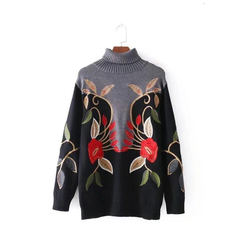 Oversize Floral Embroidery Sweater Pullovers