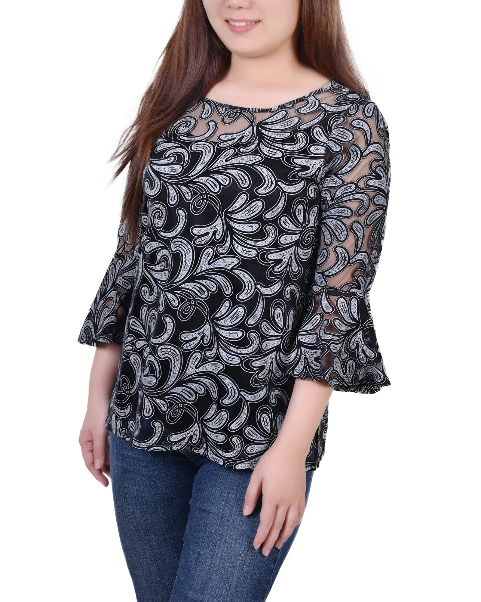 Petite 3/4 Sleeve Burnout Blouse With Matching Camisole