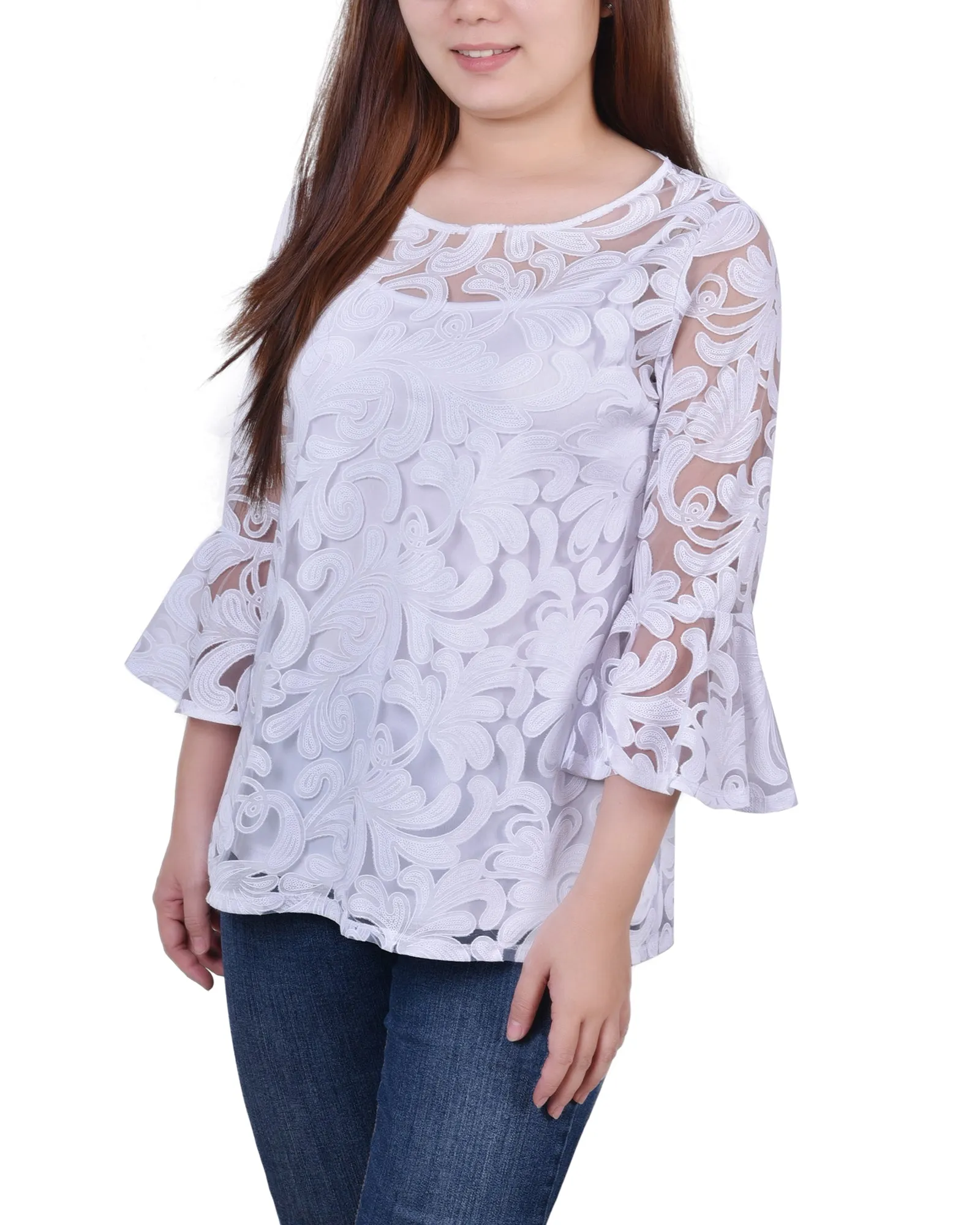 Petite 3/4 Sleeve Burnout Blouse With Matching Camisole