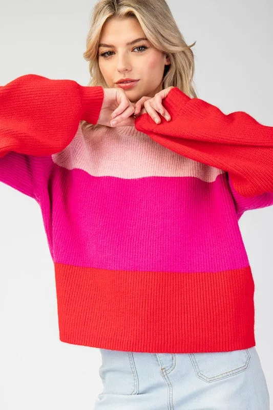 Pink Color Block Long Sleeve Sweater