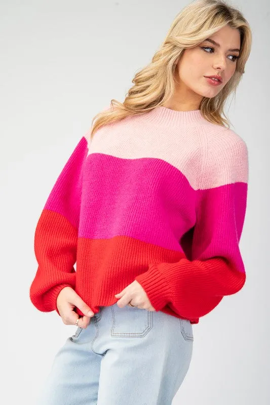 Pink Color Block Long Sleeve Sweater