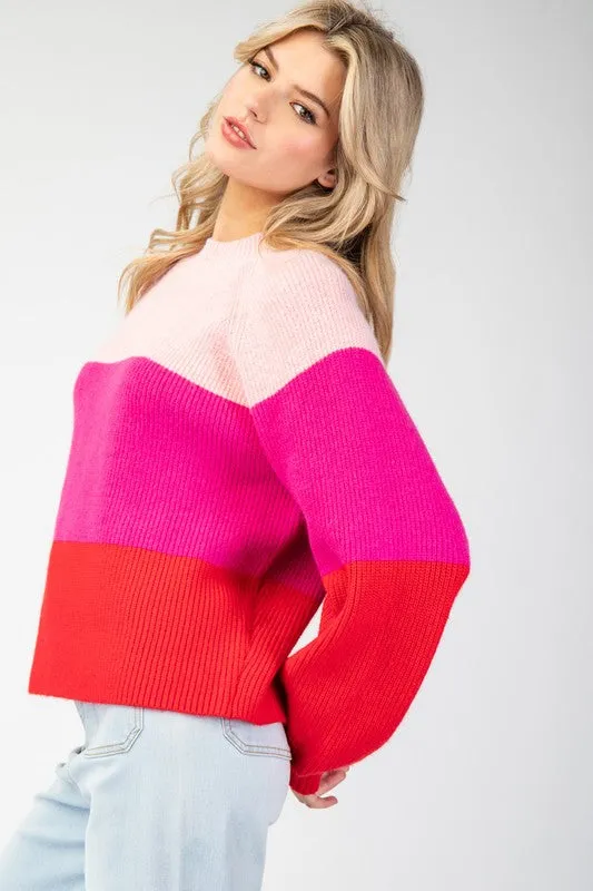 Pink Color Block Long Sleeve Sweater