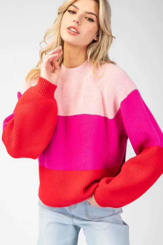 Pink Color Block Long Sleeve Sweater