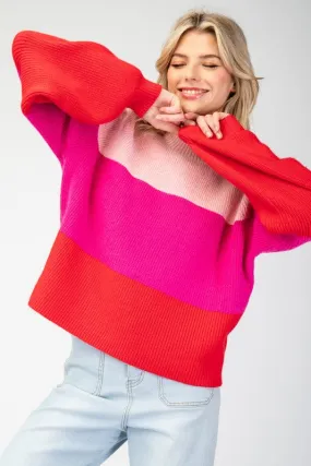 Pink Color Block Long Sleeve Sweater