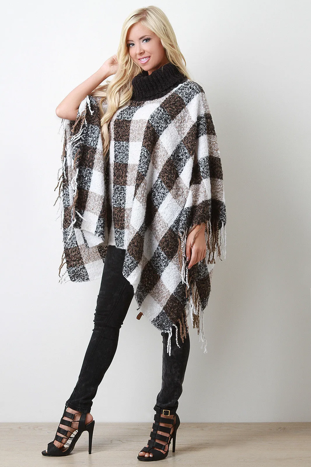 Plaid Contrast Turtleneck Fringe Poncho