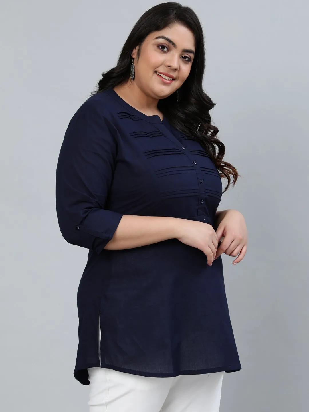 Plus Size Women Navy Blue Pleated Tunic With Three Quarter Sleeves