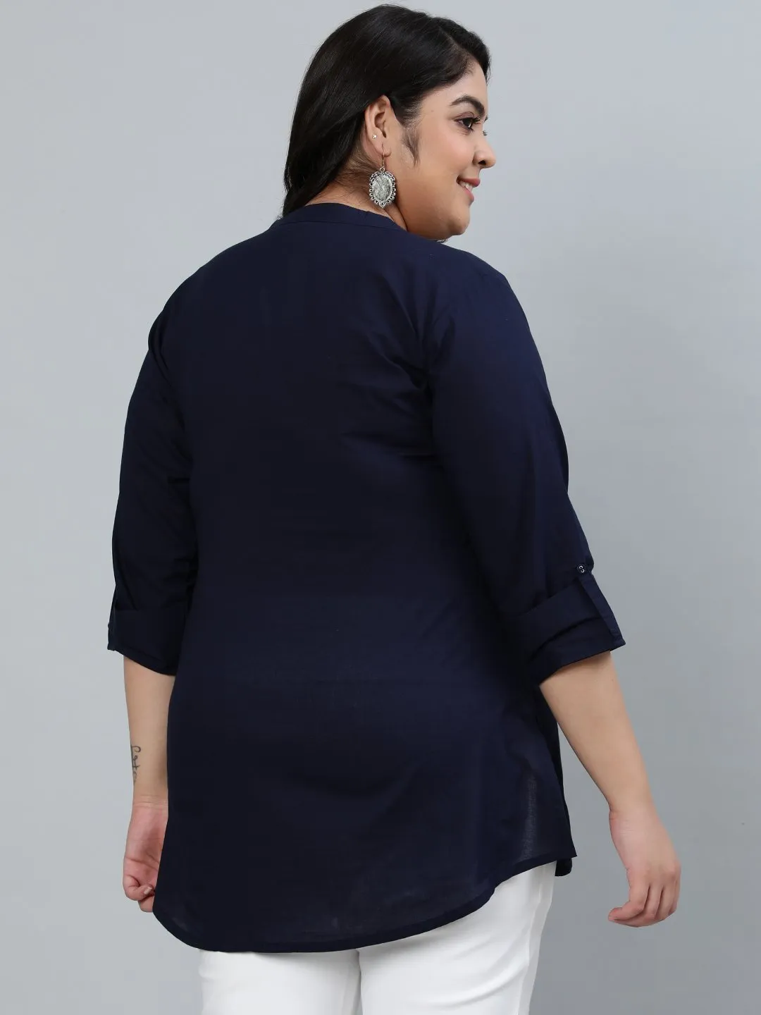 Plus Size Women Navy Blue Pleated Tunic With Three Quarter Sleeves