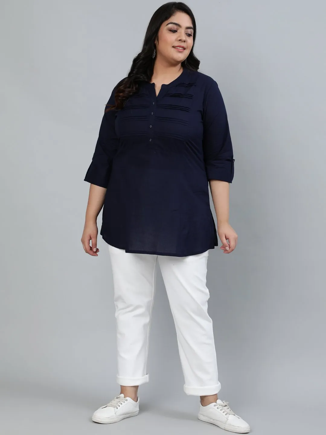 Plus Size Women Navy Blue Pleated Tunic With Three Quarter Sleeves