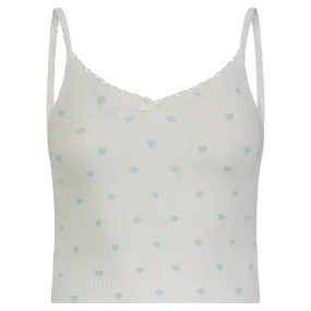 Polkadot Blue Hearts Print LIZ CROP CAMISOLE w Cluny Lace