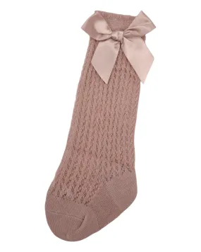 Primrose Pink Open Patterned Knee High Style Socks With Satin 3 Inch Bow