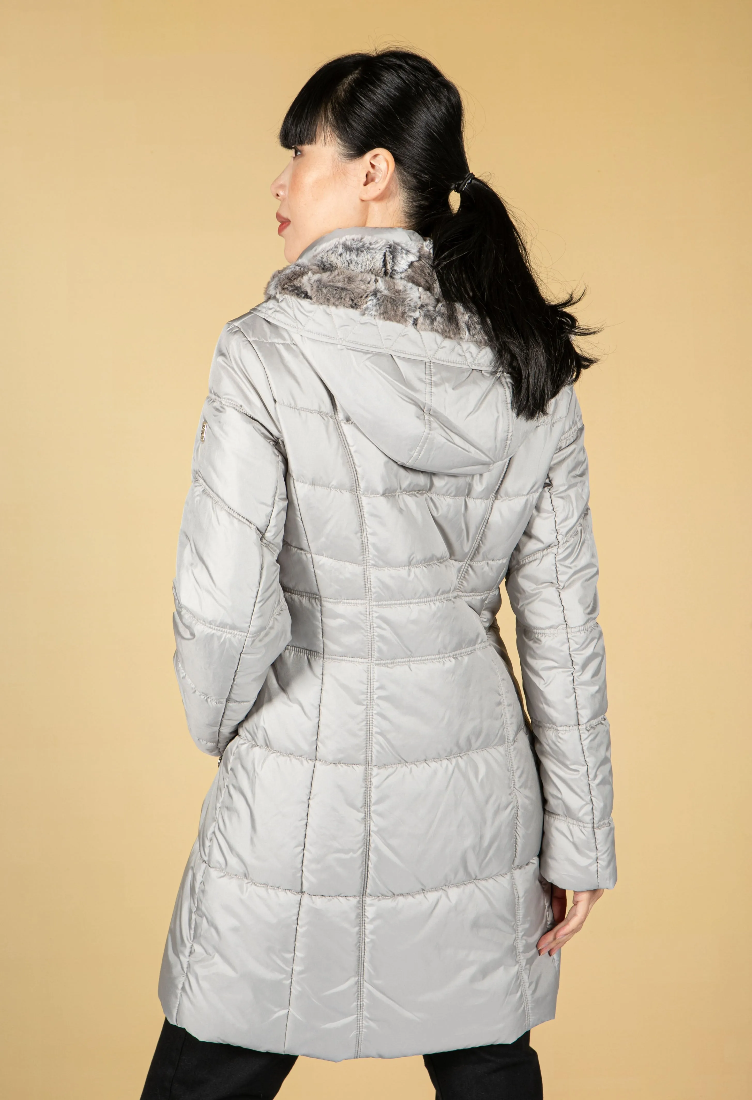 Quilted Long Coat in Silver