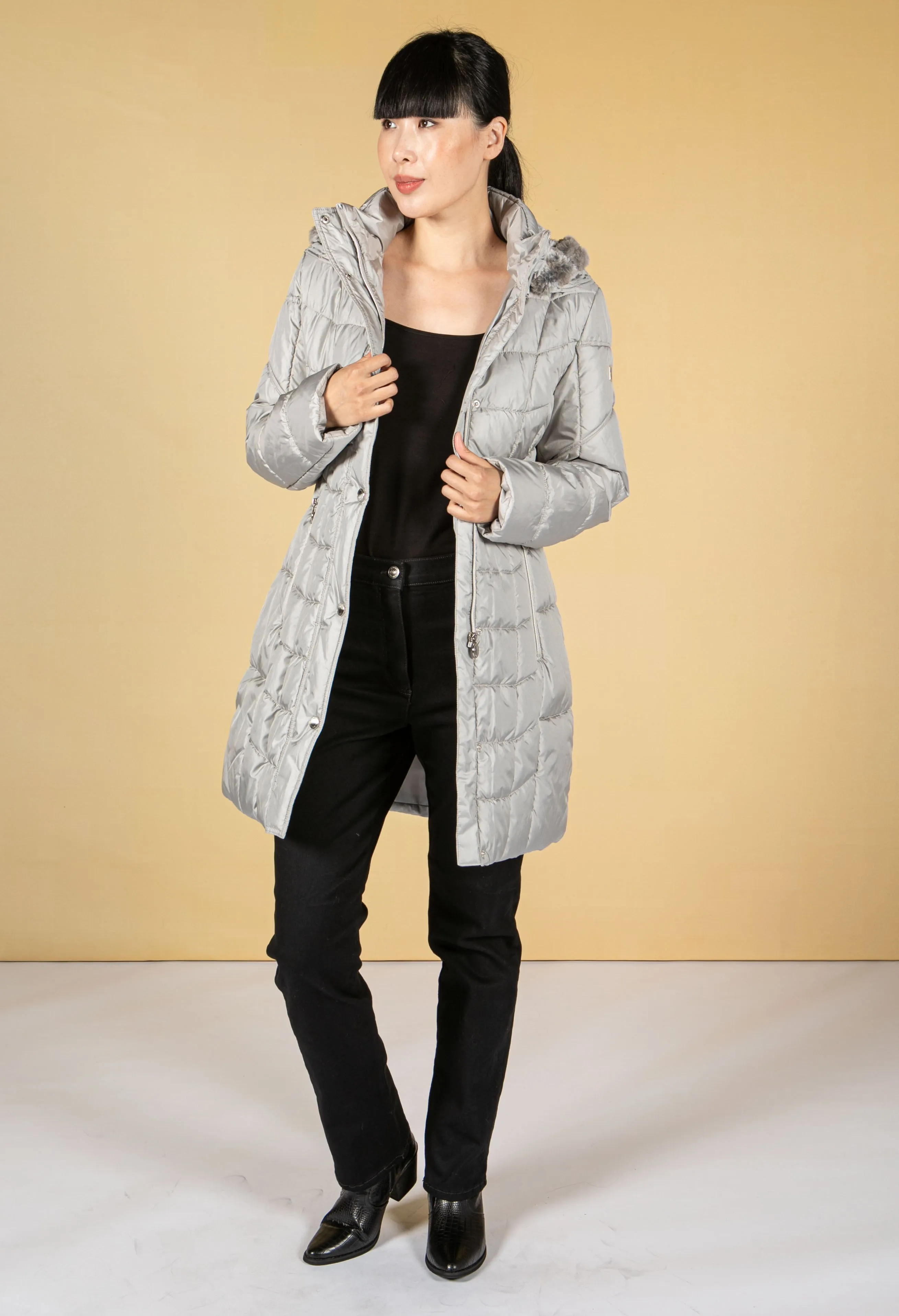 Quilted Long Coat in Silver