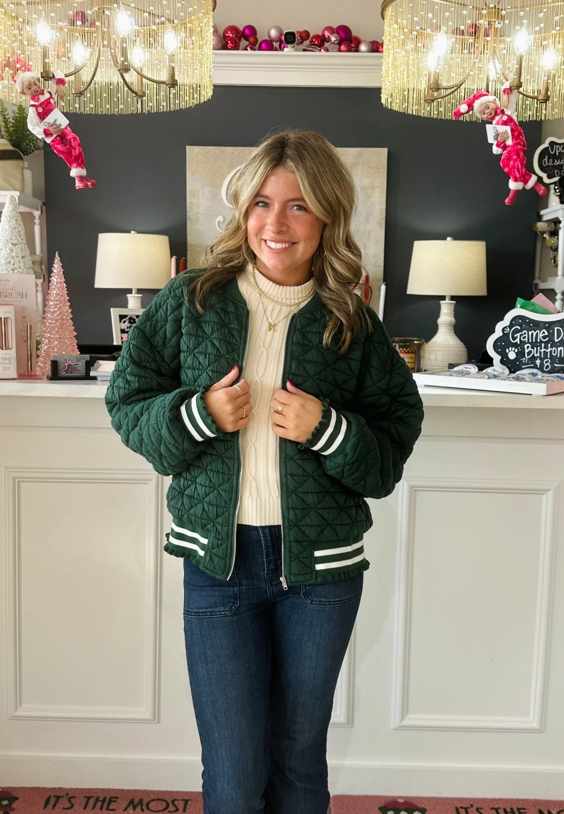 Quilted Striped Accent Band Zip Up Bomber Jacket