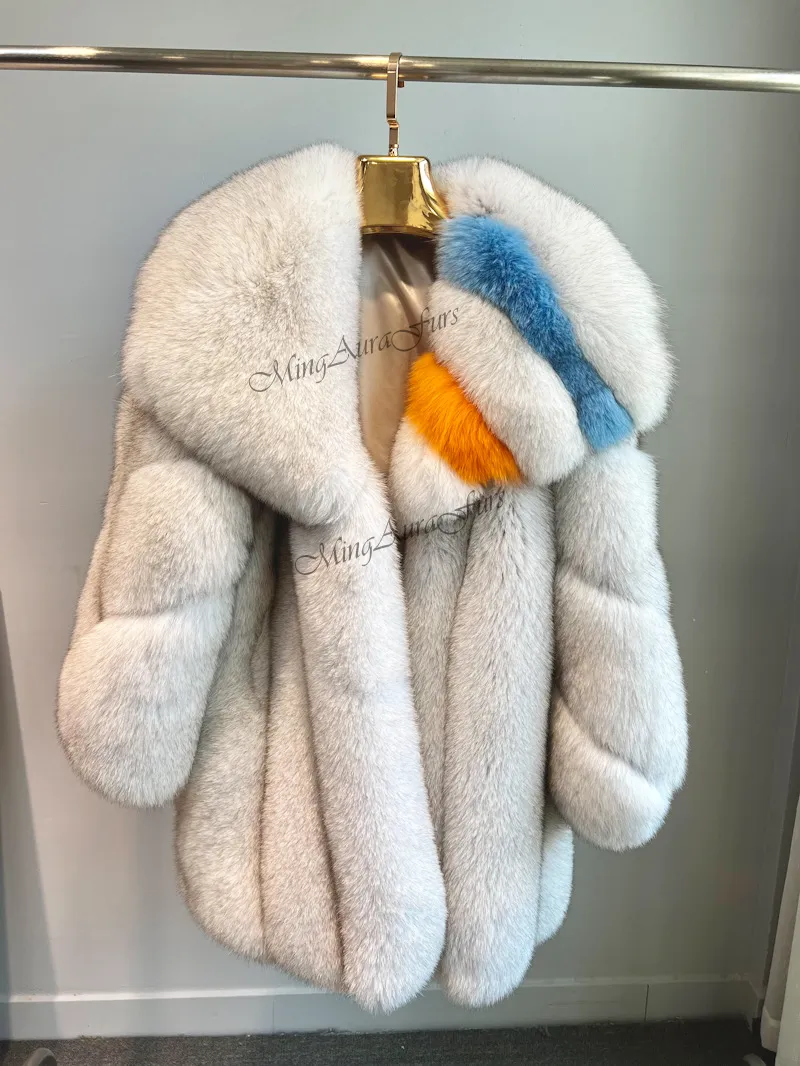 Real Fox Fur Coat for Women with Fur Collar - Blue Fox - G004