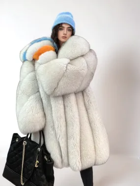 Real Fox Fur Coat for Women with Fur Collar - Blue Fox - G004