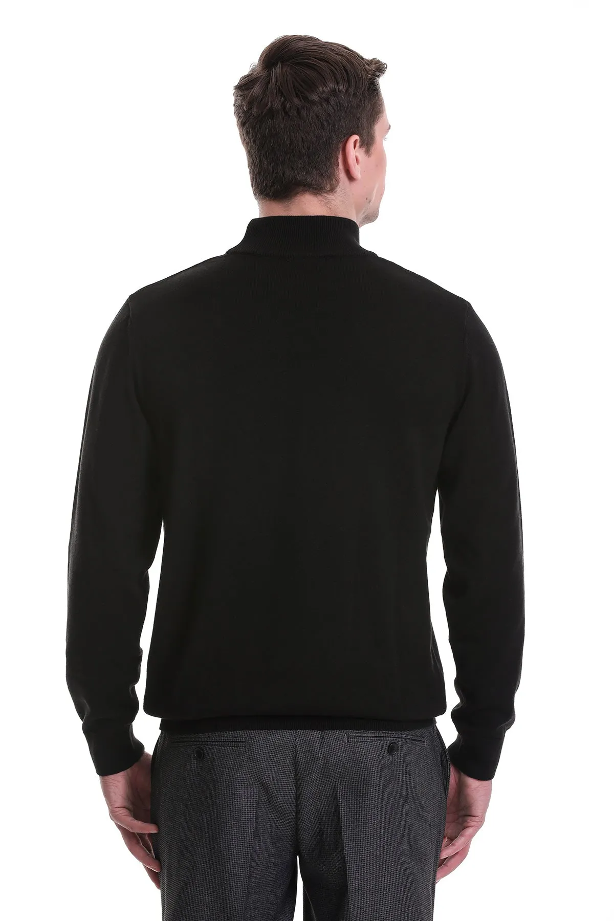 Regular Fit Cotton Blend Black Mock Neck Sweater