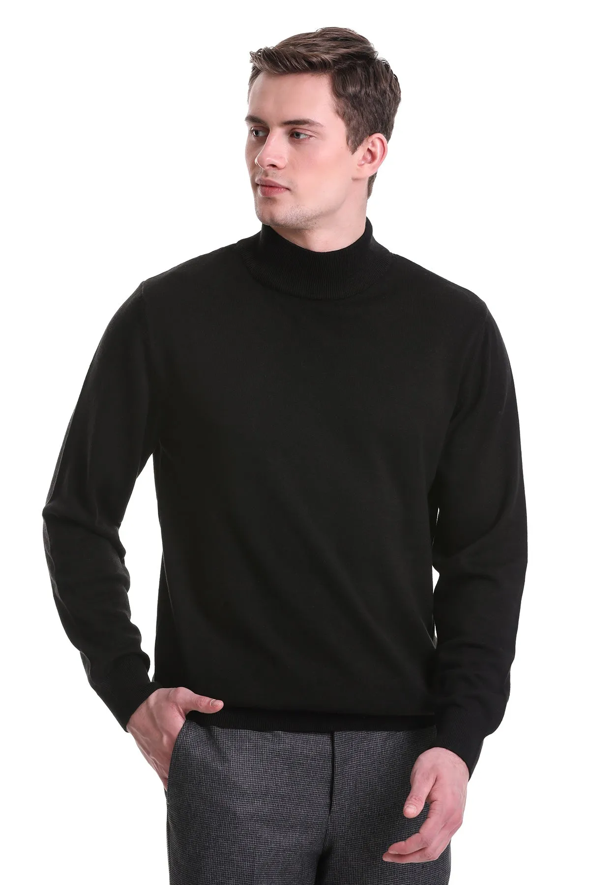 Regular Fit Cotton Blend Black Mock Neck Sweater