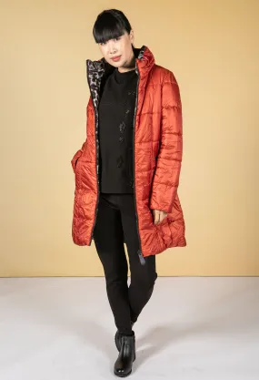 Reversible Quilted Long Coat in Orange/Animal Check Print