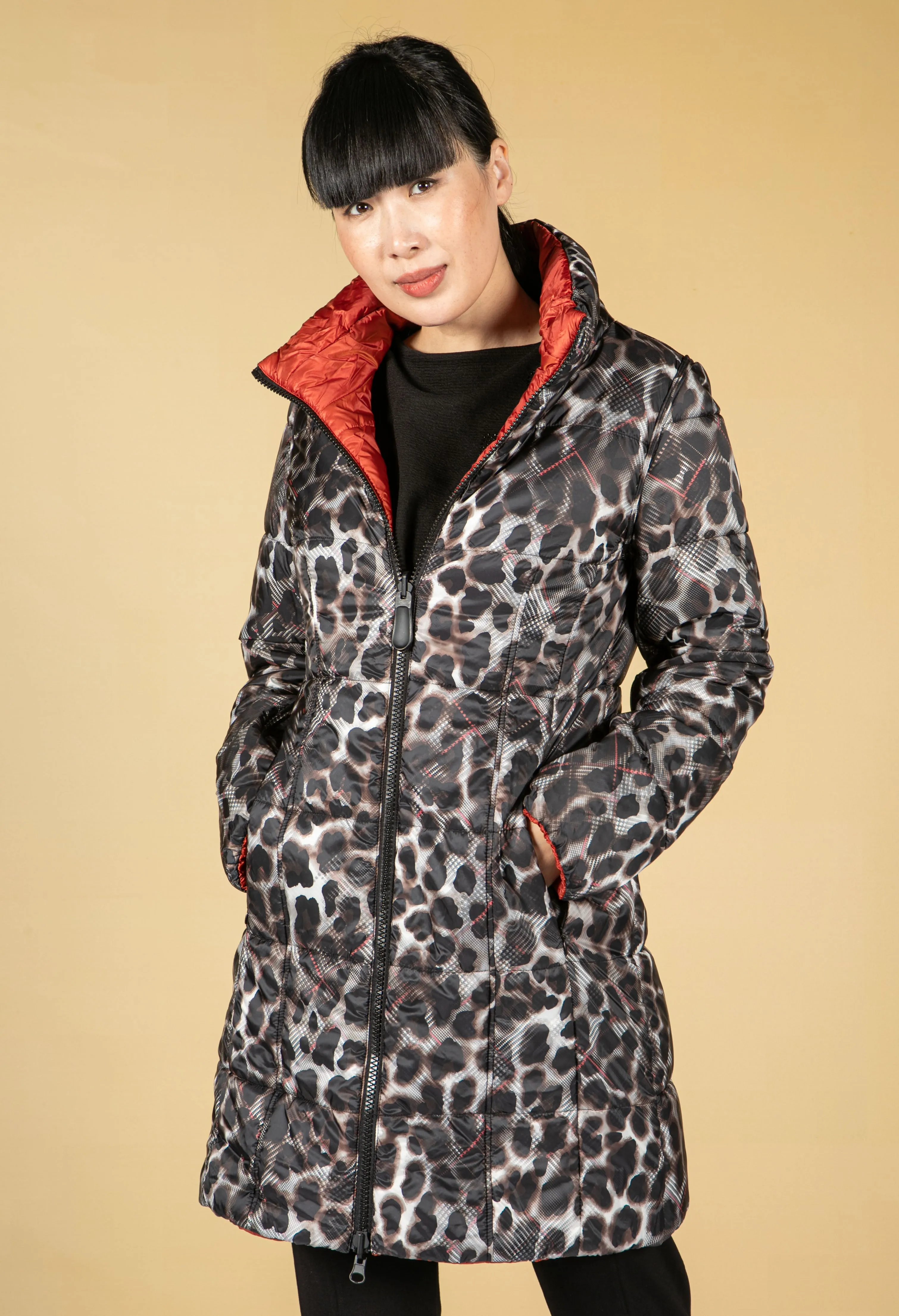 Reversible Quilted Long Coat in Orange/Animal Check Print