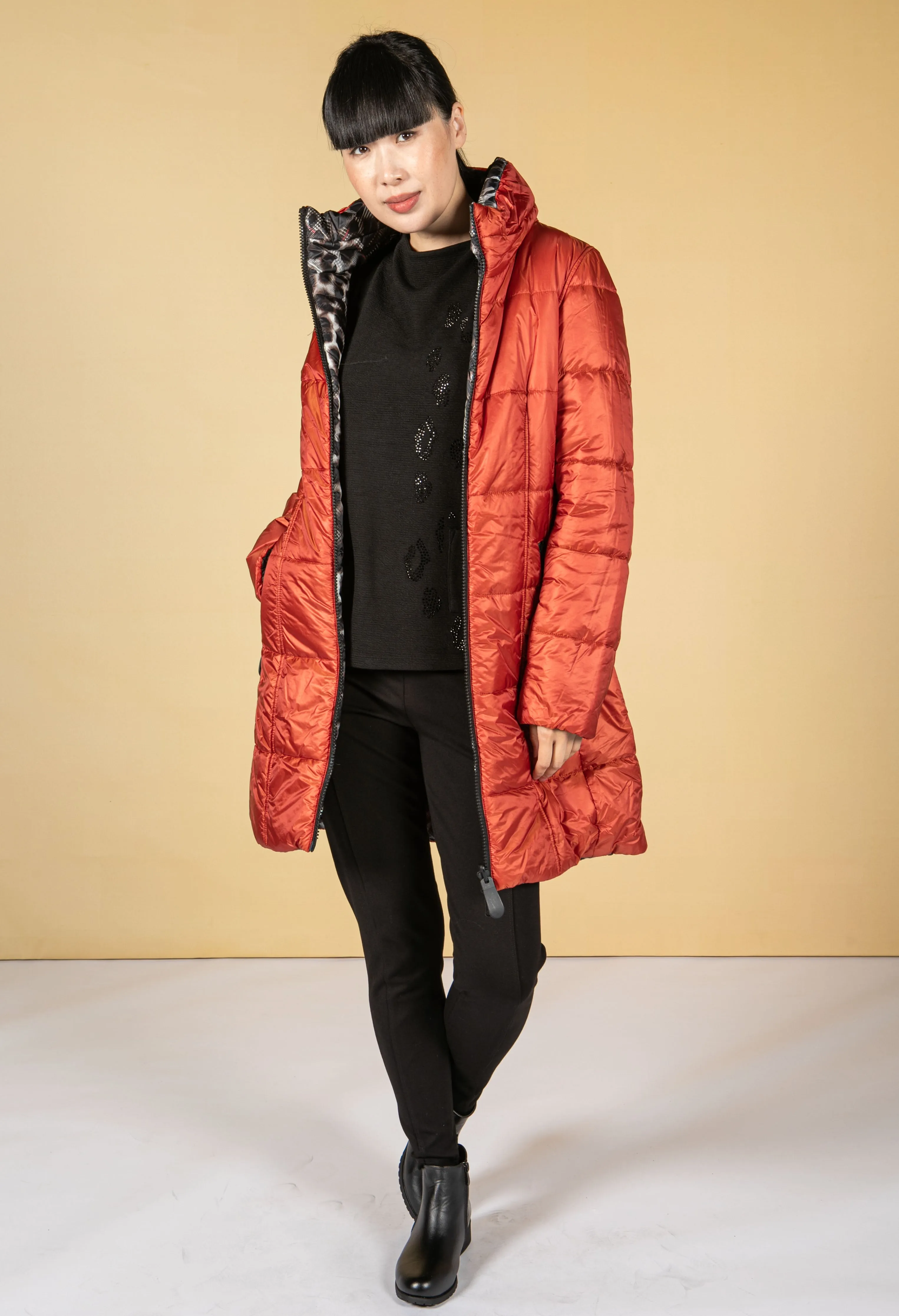 Reversible Quilted Long Coat in Orange/Animal Check Print