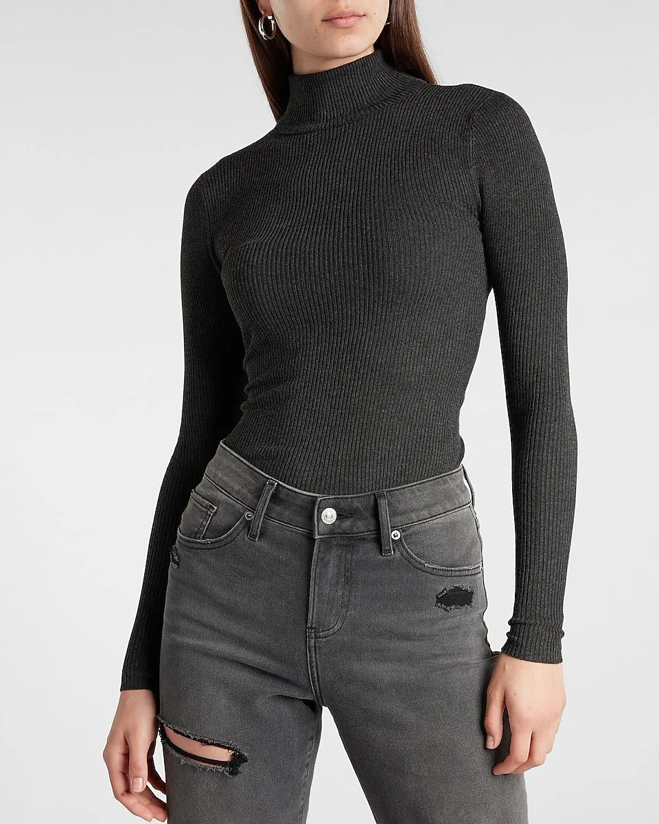 Ribbed Fitted Turtleneck Sweater in Charcoal Gray