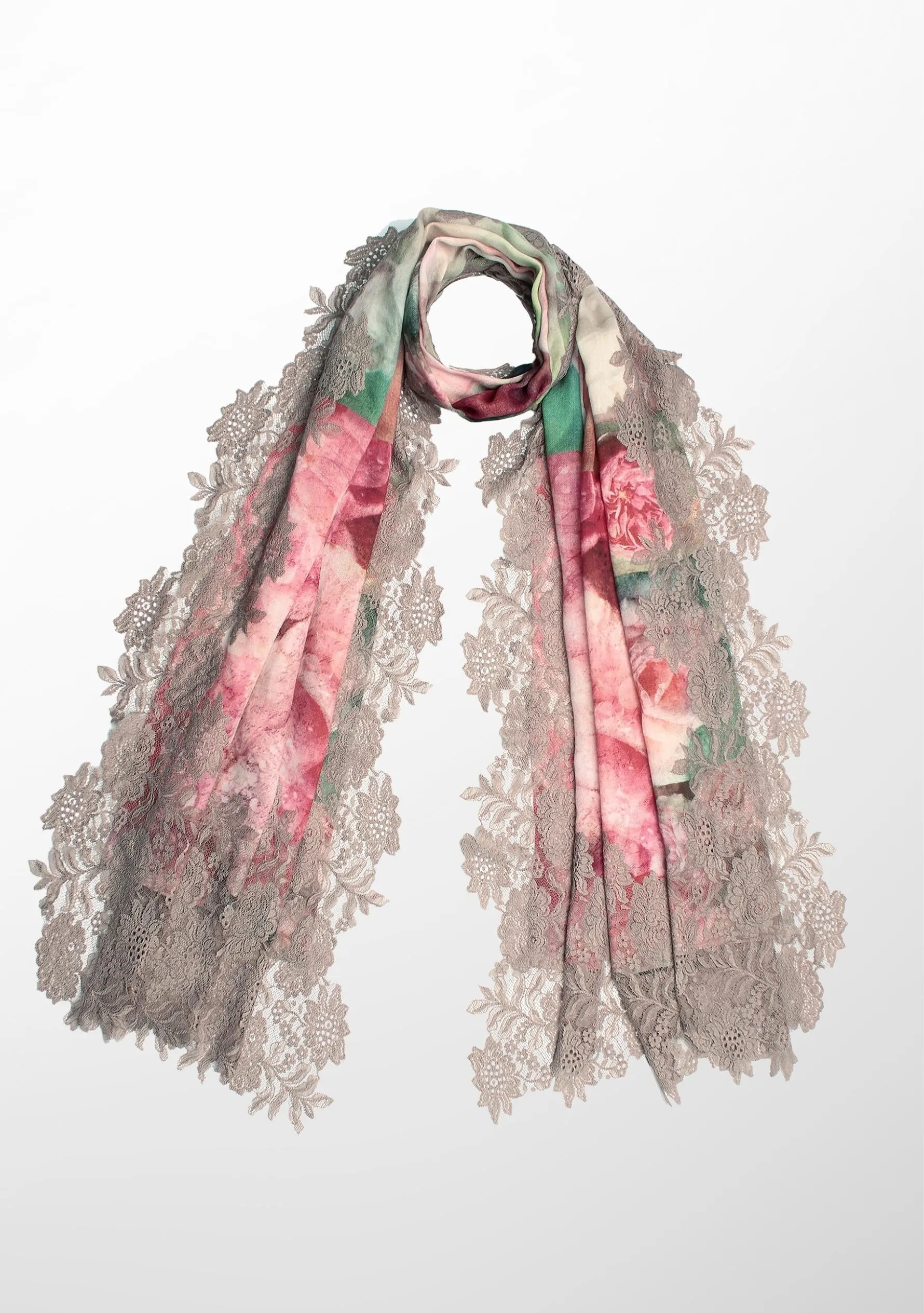 Roses Print Wool And Silk Scarf with a Seinna Floral Lace Border