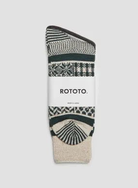 Rototo Multi Jacquard Crew Sock in Ivory/Dark Green