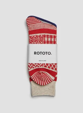 Rototo Multi Jacquard Crew Sock in Ivory/Red