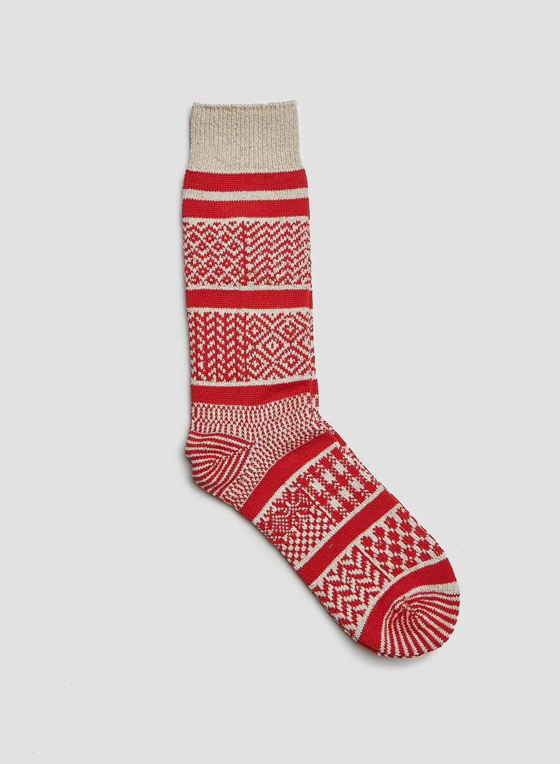 Rototo Multi Jacquard Crew Sock in Ivory/Red