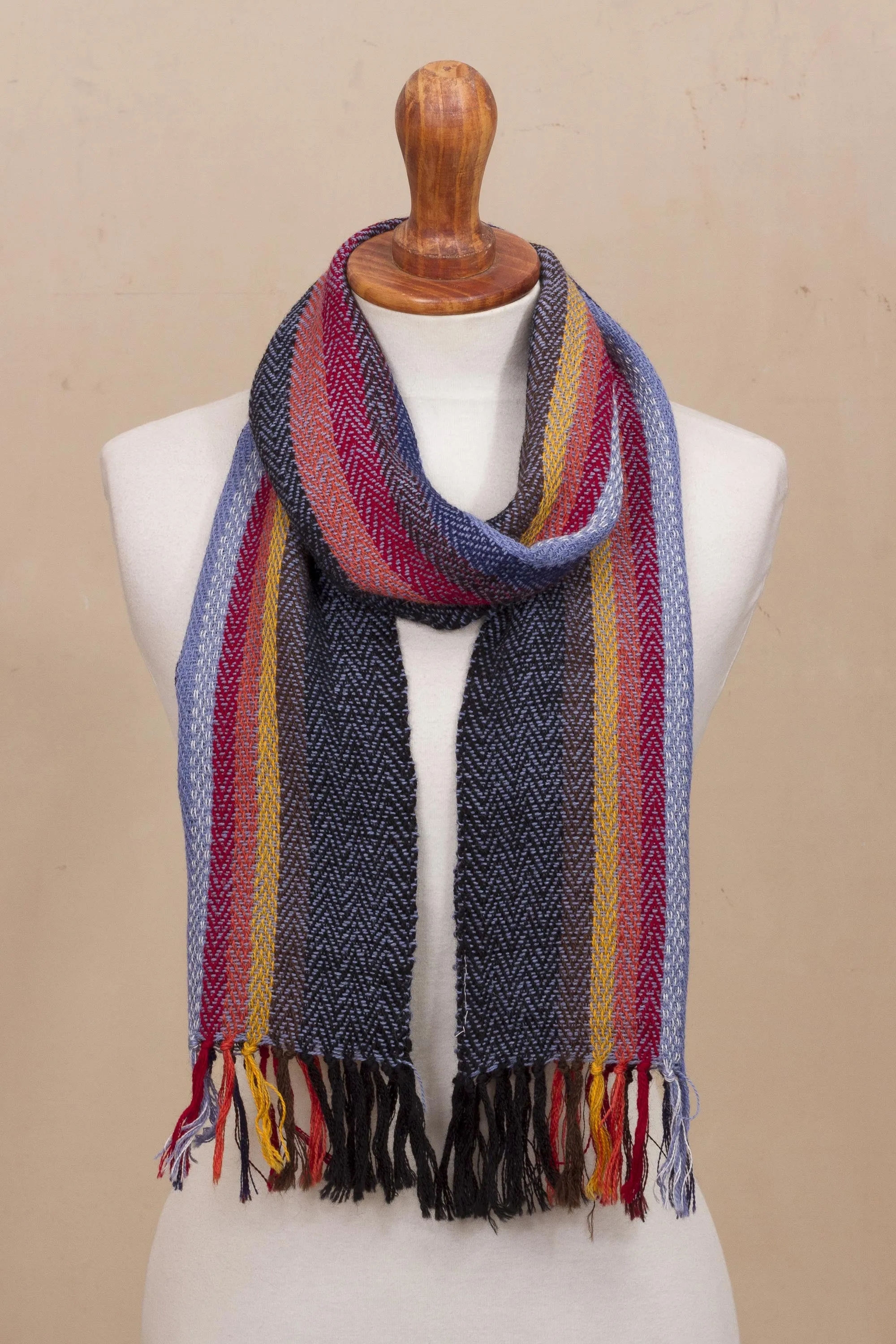 Rugged Rainbow Soft Black with Colorful Stripes Handwoven 100% Alpaca Scarf