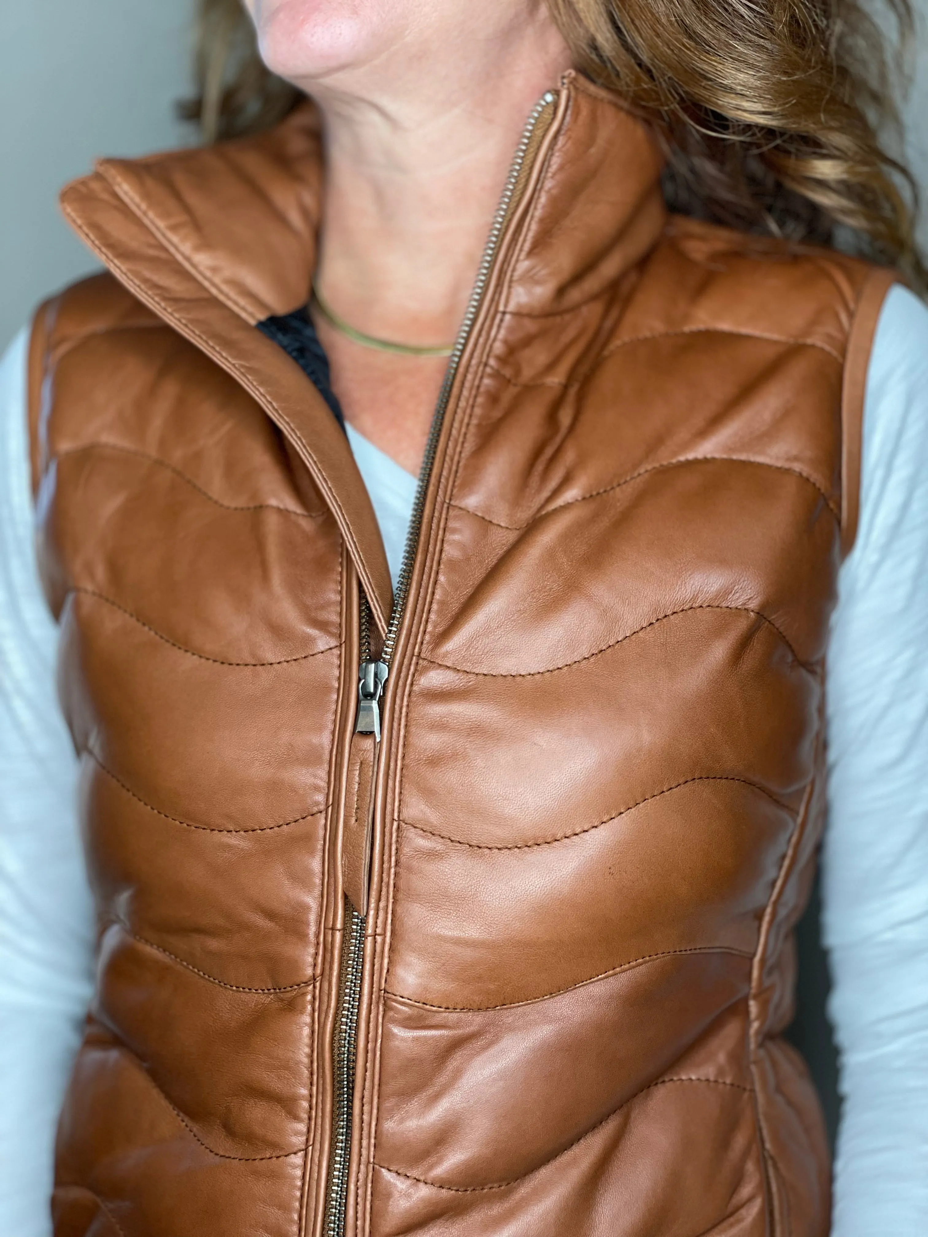 Scully Leather Puffer Vest in Cognac