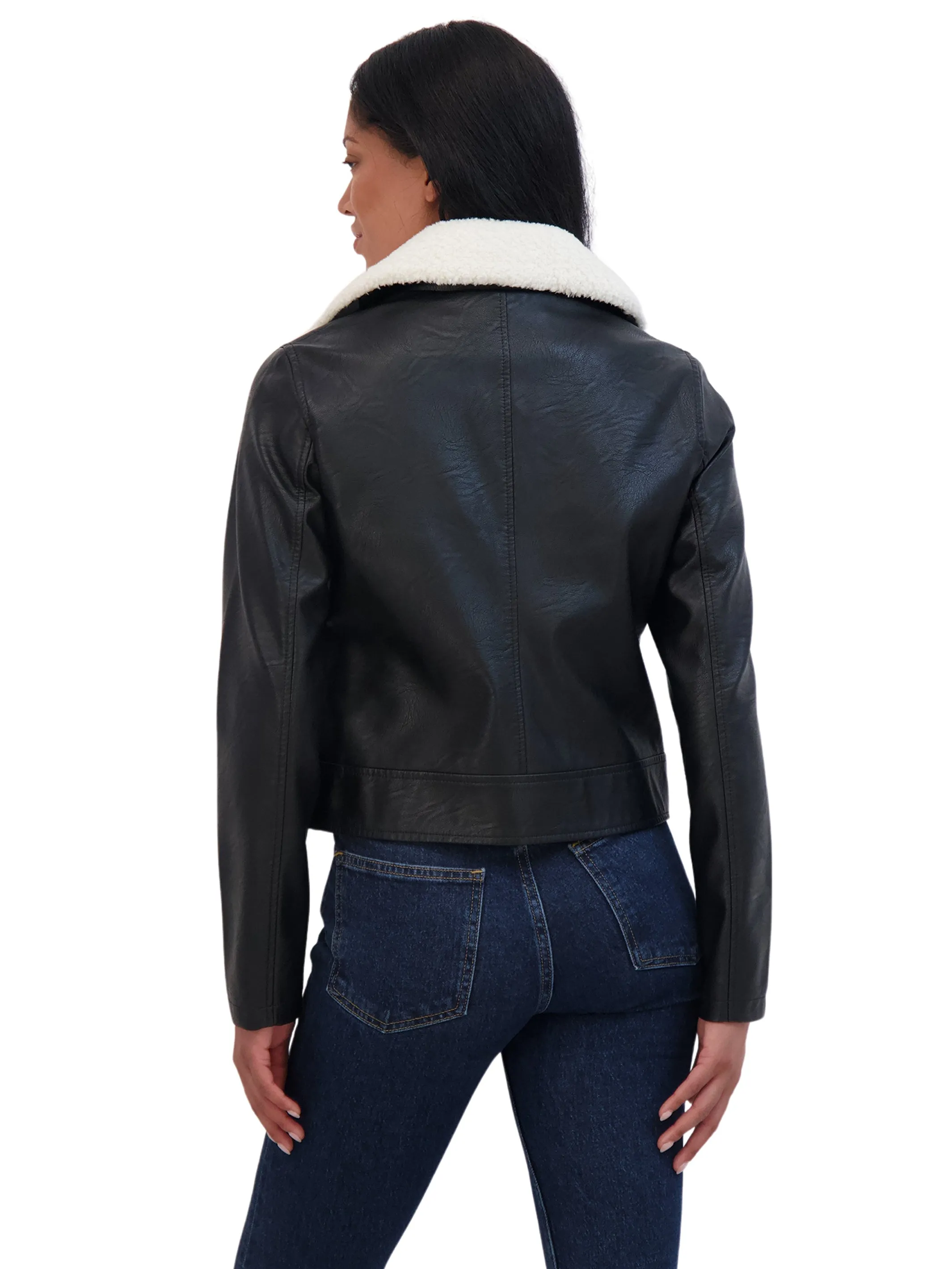 Sebby Collections Women's Faux Leather Moto Jacket With Detachable Faux Fur Collar