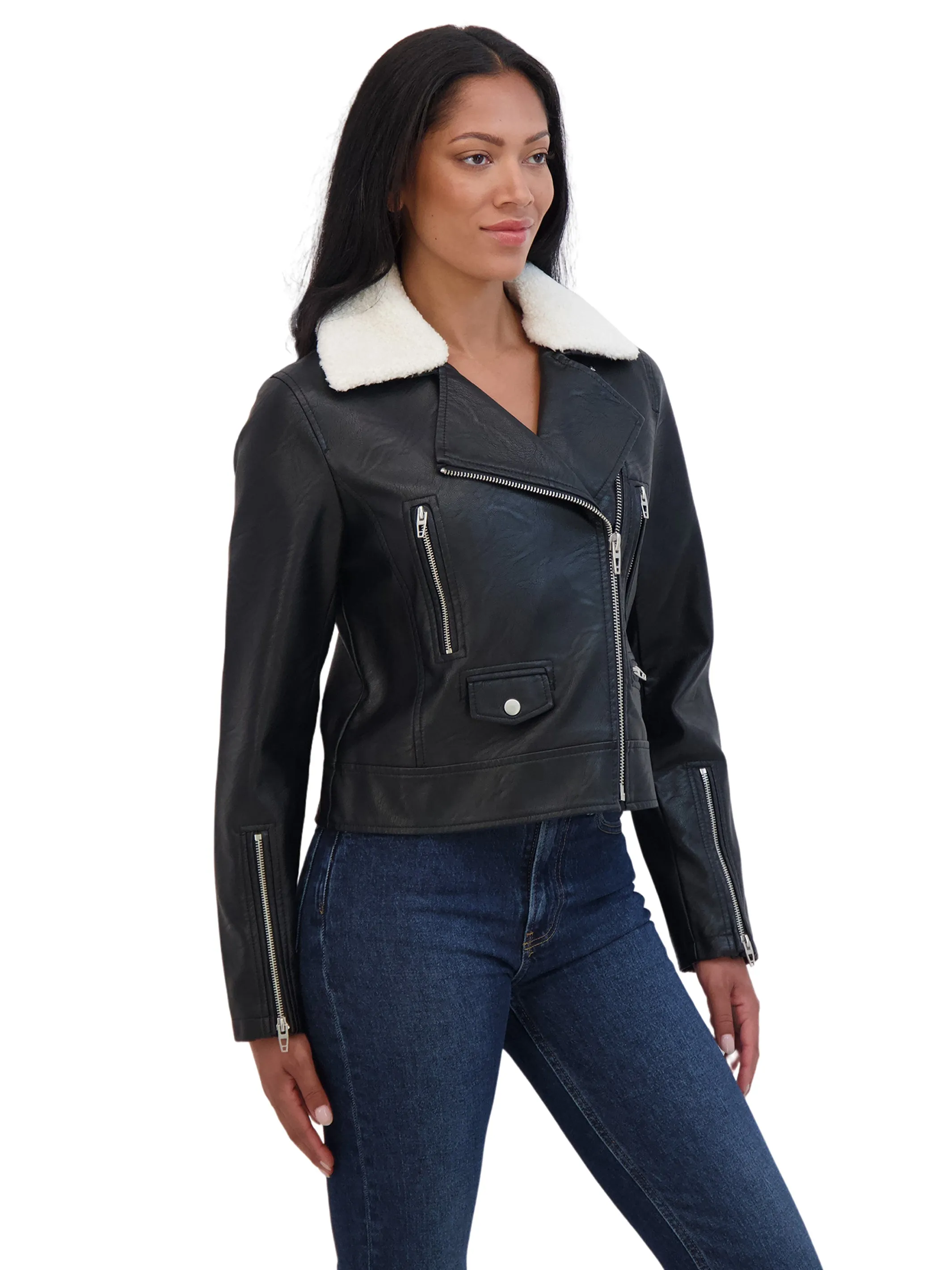 Sebby Collections Women's Faux Leather Moto Jacket With Detachable Faux Fur Collar