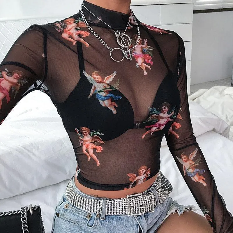 See Through Transparent Long Sleeve Ladies Turtleneck T-Shirt