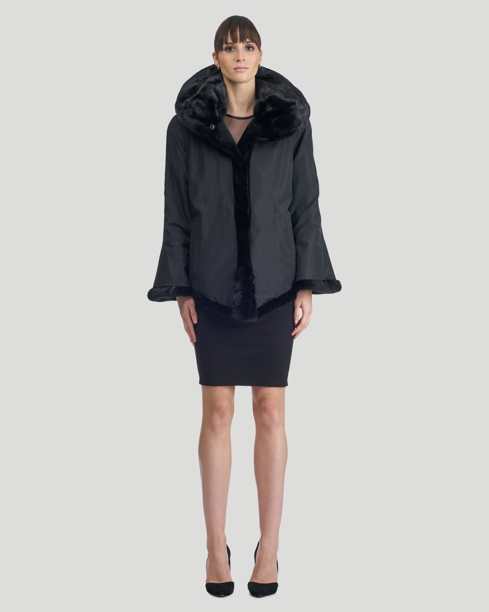 SHEARED MINK JACKET, REVERSIBLE TO TAFFETA, LONG HAIR MINK COLLAR, CUFFS AND BOTTOM