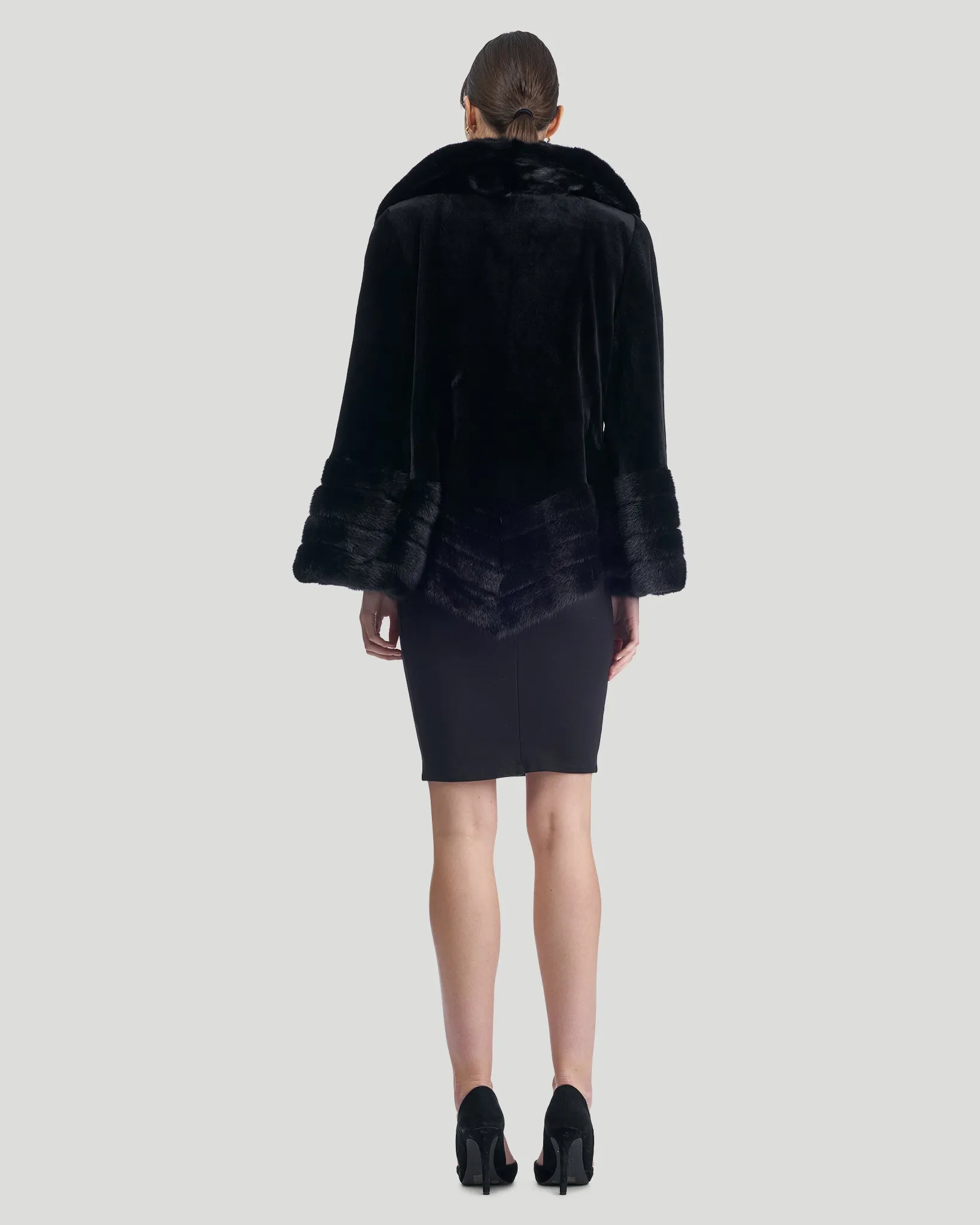 SHEARED MINK JACKET, REVERSIBLE TO TAFFETA, LONG HAIR MINK COLLAR, CUFFS AND BOTTOM