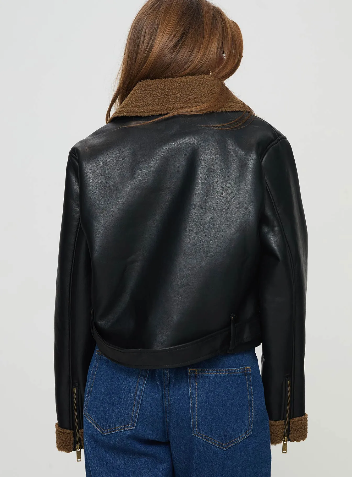 Shearling Trim Faux Leather Jacket Black