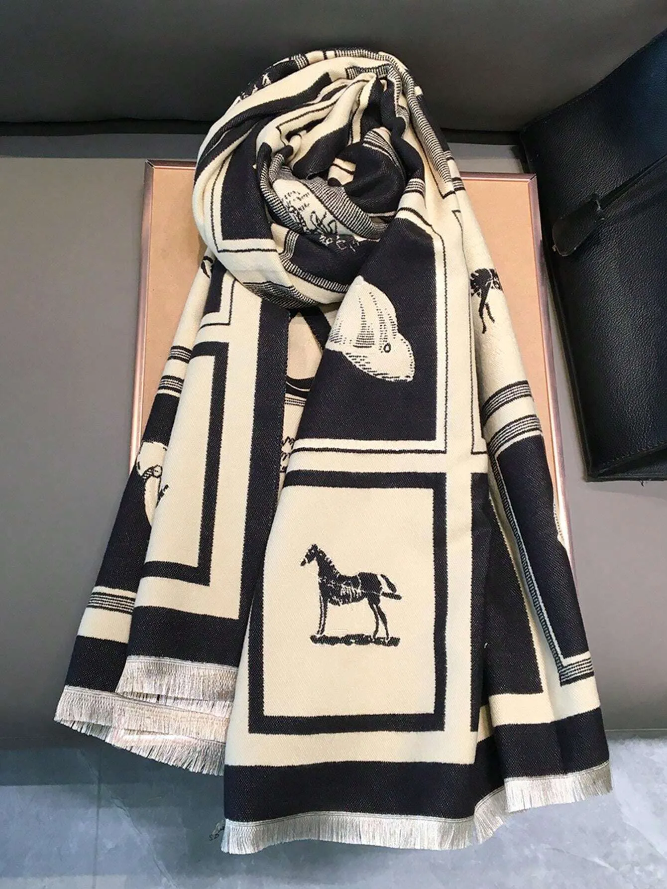 SHEIN 1pc Black Horse Pattern Warm Scarf/Shawl For Women, Winter Thick Dual-Use Scarf Wrap For Office And Air-Conditioned Room Accessories Women