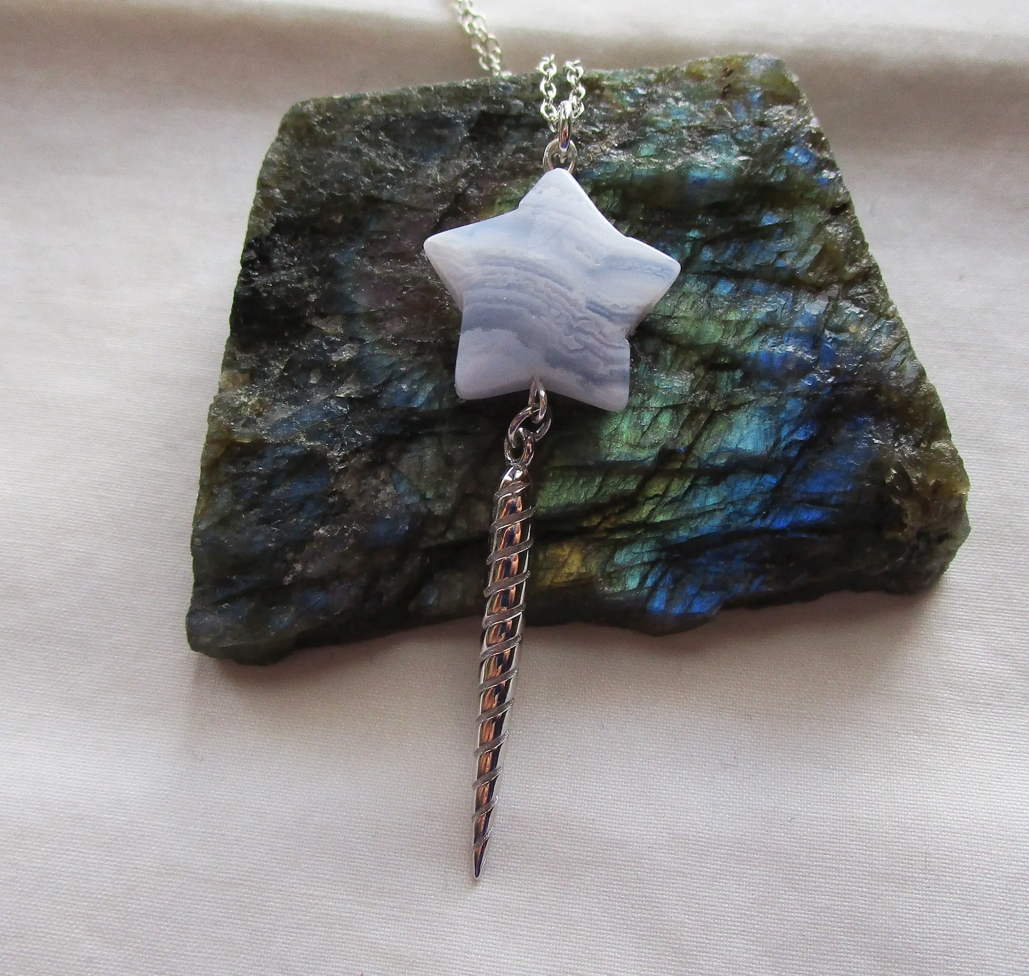 Silver Unicorn Horn Blue Lace Agate Star Pendant Necklace