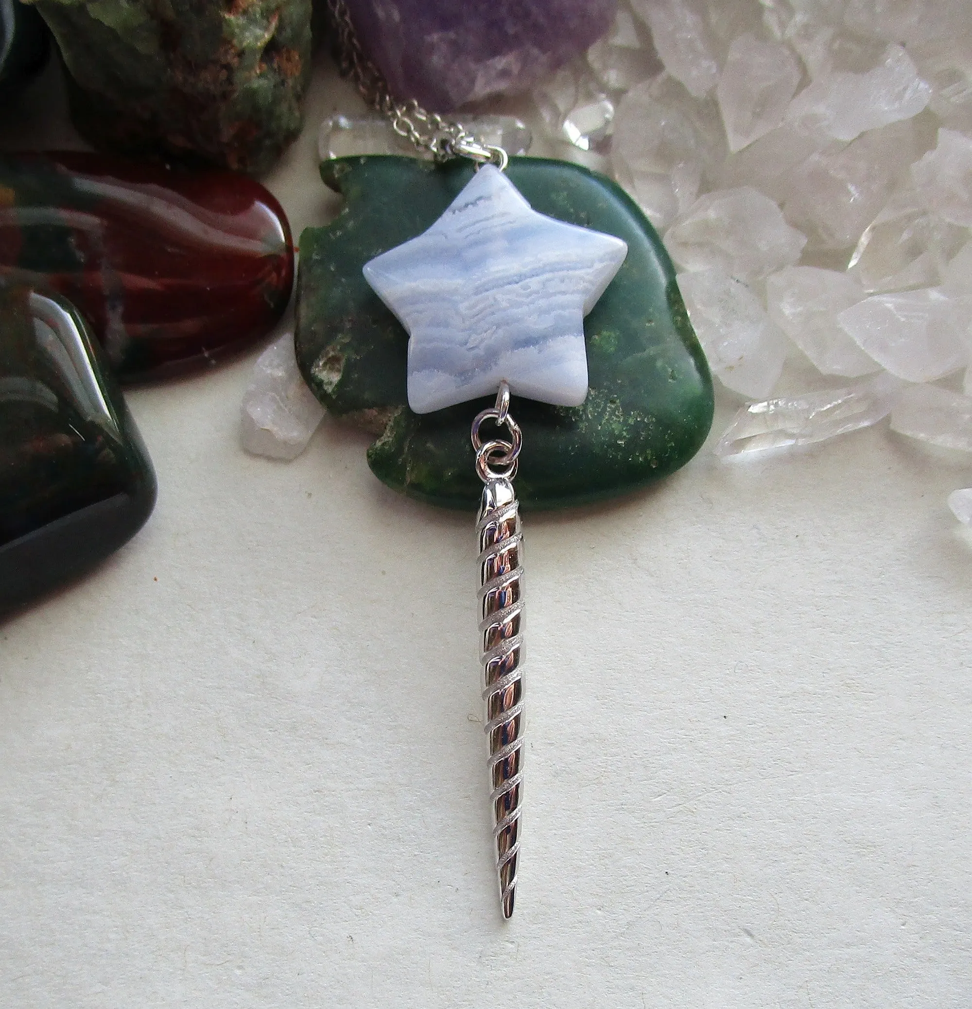 Silver Unicorn Horn Blue Lace Agate Star Pendant Necklace