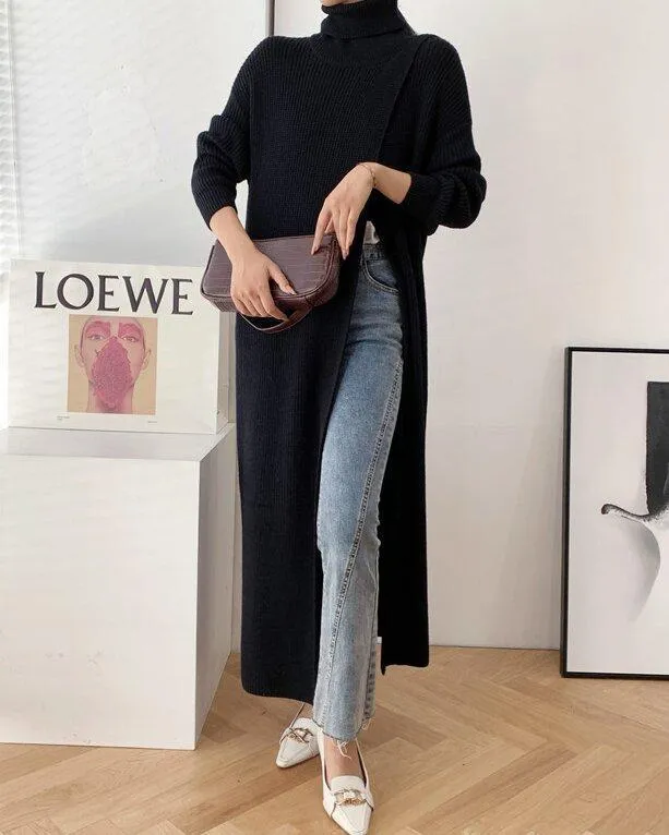 Slim-fit Sweater with High Neck Long Skirt and Pullover